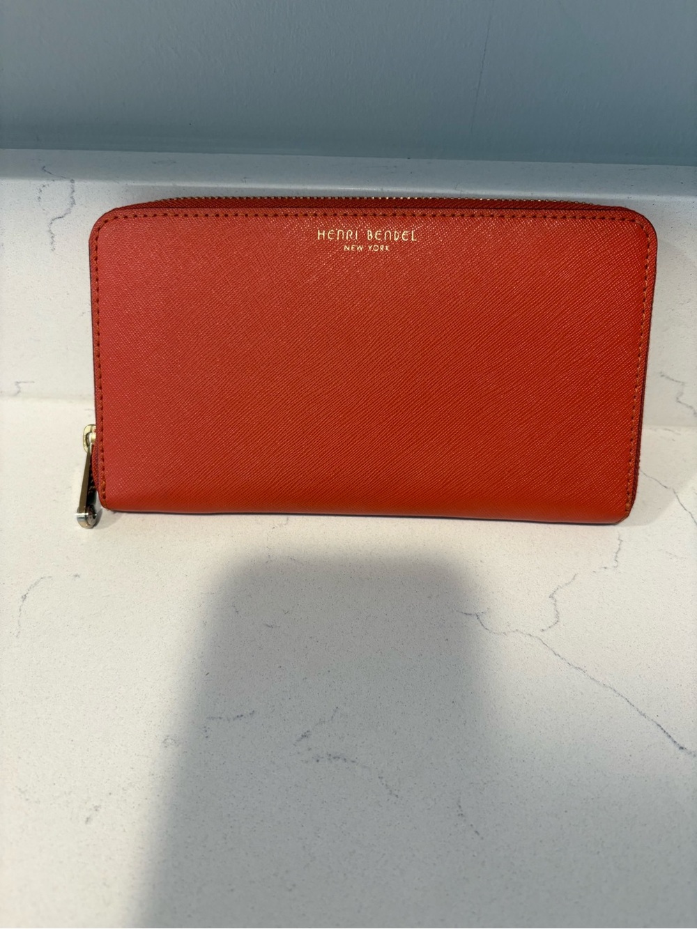 henri bendel Orange Zip-Around Saffiano Wallet with Gold Logo